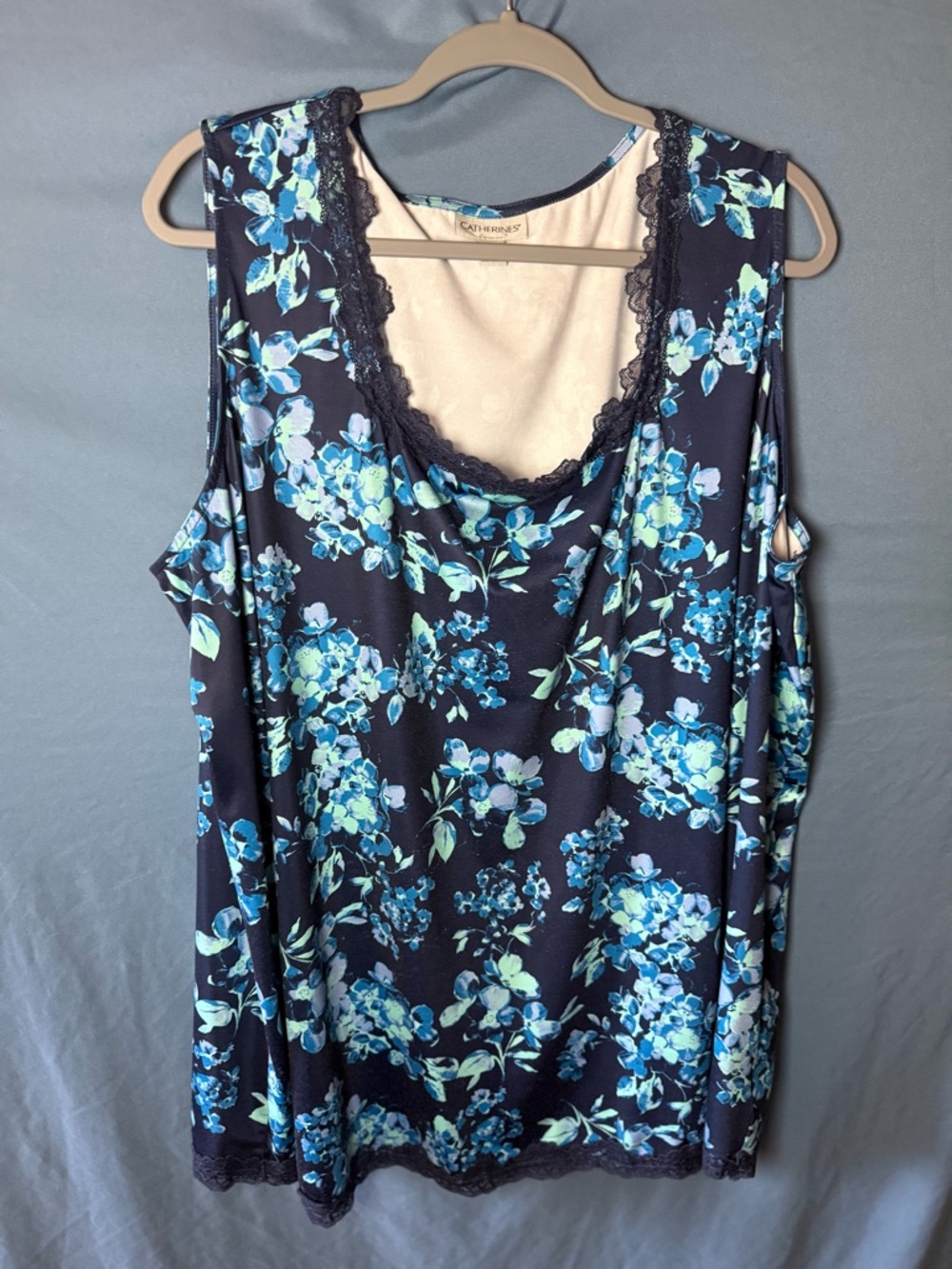 Catherines Navy Blue Floral Lace Trim Tank
